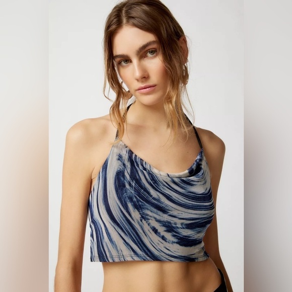 UO Silence + Noise Kai Cowl Neck Halter Top, Blue Multi, Large, NWT - Picture 1 of 7